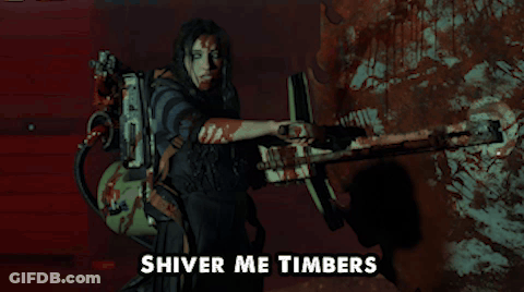 A Woman Holding A Gun With The Words Shiver Me Timbers Written Below Her GIF