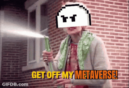 A Woman Holding A Hose Spraying Water With The Words Get Off My Metaverse On The Bottom GIF