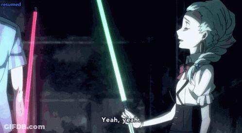 A Woman Holding A Light Saber Says Yeah Yeah GIF