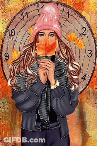 A Woman Holding A Maple Leaf In Front Of A Clock That Shows The Time As Almost 2:30 GIF