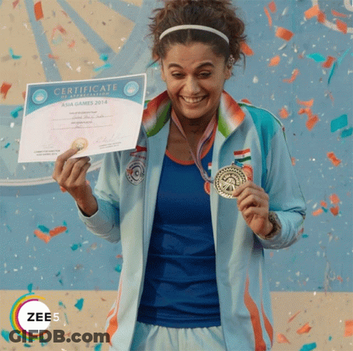 A Woman Holding A Medal And A Certificate That Says Certificate Of Participation Asia Games 2014 GIF