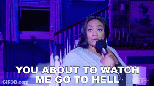 A Woman Holding A Microphone With The Words You About To Watch Me Go To Hell GIF