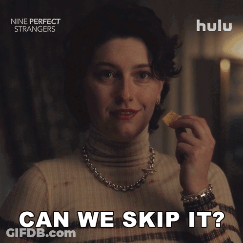 A Woman Holding A Piece Of Food With The Words Can We Skip It On The Bottom GIF