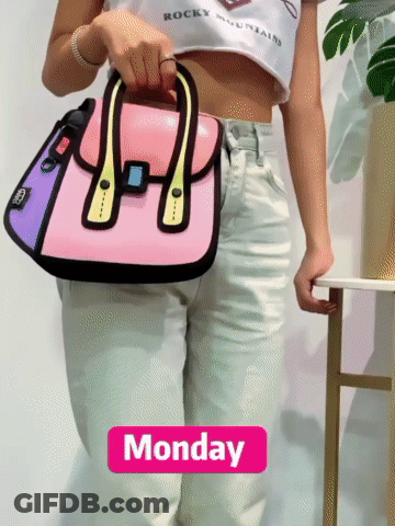 A Woman Holding A Pink And Purple Purse With The Word Monday On The Bottom GIF