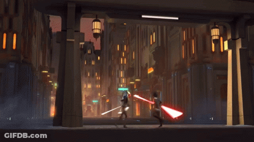 A Woman Holding A Red Light Saber In Front Of A Man GIF