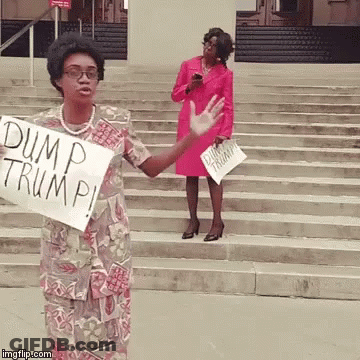 A Woman Holding A Sign That Reads Dump Trump GIF