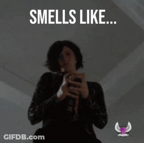 A Woman Holding A Spray Can With The Words Smells Like Lies Below Her GIF