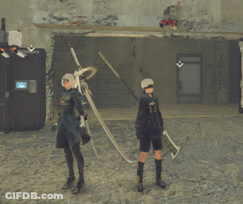 A Woman Holding A Sword And A Man Holding A Sword Are Standing Next To Each Other GIF