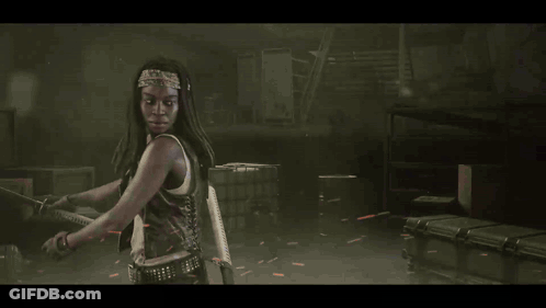 A Woman Holding A Sword With A Red Background Behind Her GIF