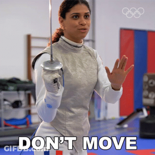 A Woman Holding A Sword With The Words " Don 'T Move " Above Her GIF