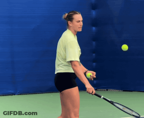 A Woman Holding A Tennis Racket And A Tennis Ball On A Tennis Court GIF