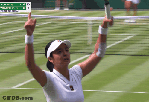 A Woman Holding A Tennis Racquet On A Court With A Scoreboard In The Background That Says Point Tie-Break GIF