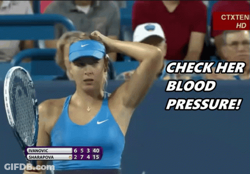 A Woman Holding A Tennis Racquet With The Words Check Her Blood Pressure GIF