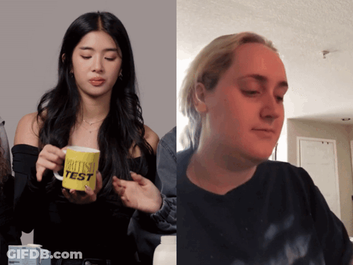 A Woman Holding A Yellow Mug That Says British Test On It GIF