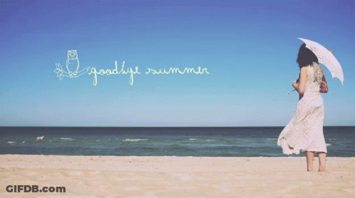 A Woman Holding An Umbrella On The Beach With The Words " Goodbye Summer " Written In The Sky GIF