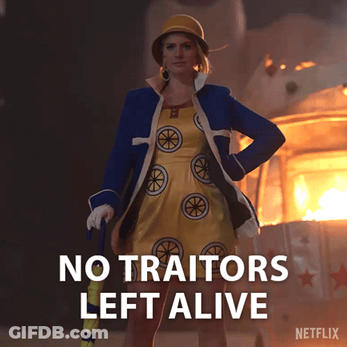 A Woman Holding An Umbrella With The Words " No Traitors Left Alive " On The Bottom GIF
