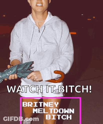A Woman Holding An Umbrella With The Words Watch It Bitch On The Bottom GIF