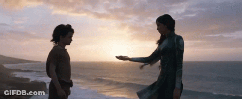 A Woman Holds A Child 'S Hand In Front Of The Ocean At Sunset GIF