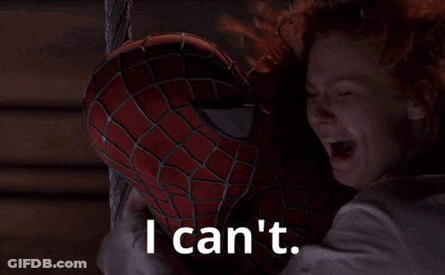A Woman Hugging A Spider Man With The Words " I Can 'T " Written On The Bottom GIF
