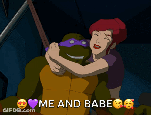 A Woman Hugging A Teenage Mutant Ninja Turtle With The Words Me And Babe Above Them GIF
