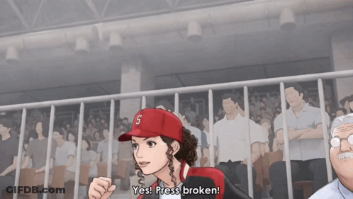 A Woman In A Baseball Cap With The Letter S On It Says Yes Press Broken GIF