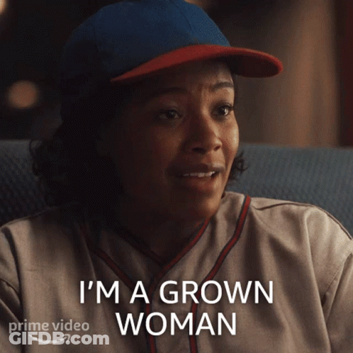 A Woman In A Baseball Uniform Says I 'M A Grown Woman On A Prime Video Ad GIF