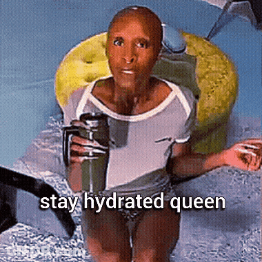 A Woman In A Bathing Suit Is Holding A Water Bottle In A Pool With The Words " Stay Hydrated Queen " Below Her GIF