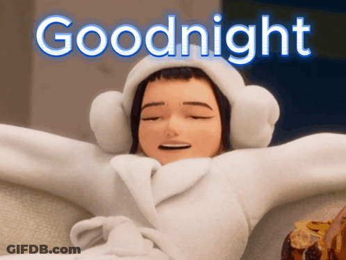 A Woman In A Bathrobe And Ear Muffs Is Laying On A Couch With The Words Goodnight Behind Her GIF