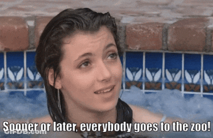 A Woman In A Bathtub With The Words Sooner Or Later Everybody Goes To The Zoo GIF