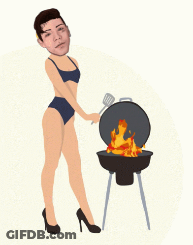 A Woman In A Bikini Cooking On A Grill With A Spatula GIF