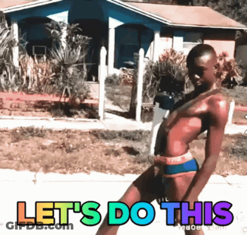 A Woman In A Bikini Is Dancing In Front Of A House With The Words Let 'S Do This On The Bottom GIF