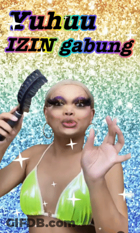 A Woman In A Bikini Is Holding A Brush With The Words Yuhuu Izin Gabung Written Above Her GIF