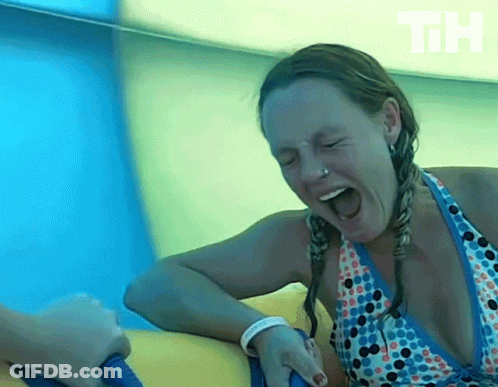 A Woman In A Bikini Is Screaming While Riding A Water Slide With The Letters Th Visible In The Background GIF