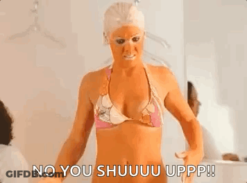 A Woman In A Bikini Is Standing In Front Of A Mirror And Says No You Shuuu Upp ! GIF