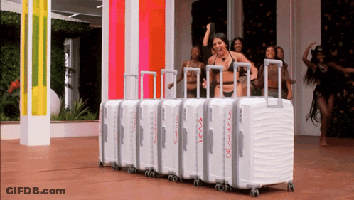 A Woman In A Bikini Is Standing In Front Of A Row Of Suitcases That Say Travis And Andrew On Them GIF