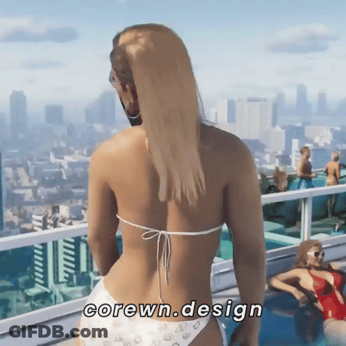 A Woman In A Bikini Stands On A Balcony Overlooking A City With The Words Corewn.design Written Below Her GIF