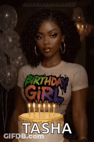 A Woman In A Birthday Girl Shirt Stands In Front Of A Birthday Cake With Candles . GIF