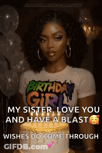 A Woman In A Birthday Girl T-Shirt Is Standing In Front Of A Birthday Cake . GIF