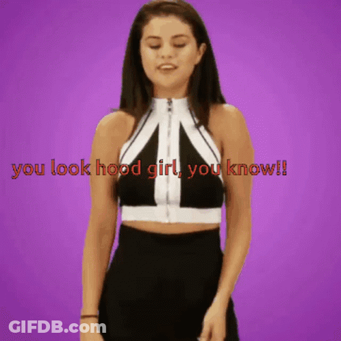 A Woman In A Black And White Crop Top Is Standing In Front Of A Purple Background That Says You Look Hood Girl You Know GIF