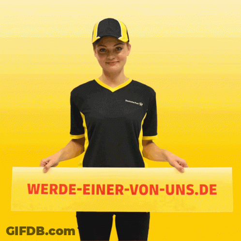 A Woman In A Black And Yellow Shirt Holds A Yellow Sign That Says Werde-Einer-Von-Uns.de GIF