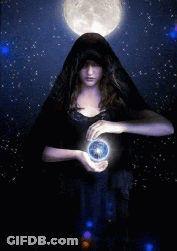 A Woman In A Black Cape Is Holding A Blue Sphere In Her Hands In Front Of A Full Moon GIF
