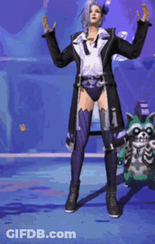 A Woman In A Black Coat And Purple Stockings Is Standing Next To A Raccoon GIF