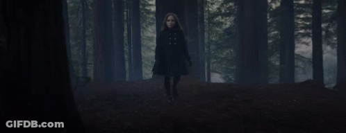 A Woman In A Black Coat Is Walking Through A Forest GIF