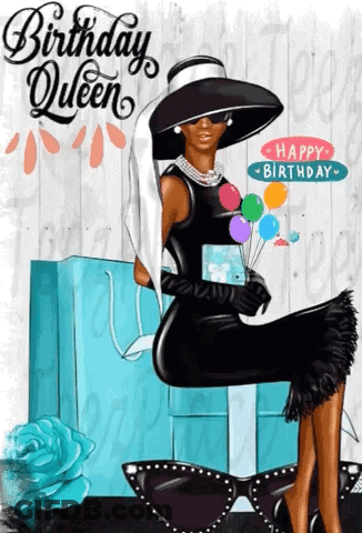 A Woman In A Black Dress And Hat Is Holding Balloons And A Gift While Sitting On A Gift Box GIF