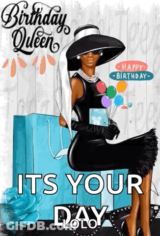 A Woman In A Black Dress And Hat Is Holding Balloons . GIF