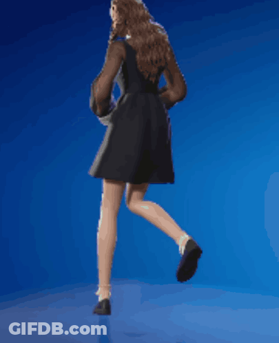A Woman In A Black Dress And White Gloves Is Dancing On A Blue Background GIF
