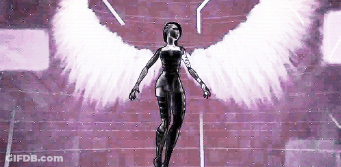 A Woman In A Black Dress And White Wings Is Standing On A Purple Staircase . GIF