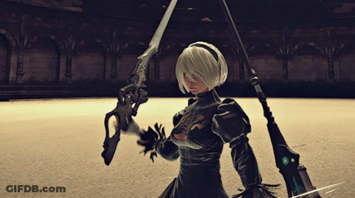 A Woman In A Black Dress Holding A Sword GIF