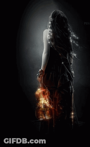 A Woman In A Black Dress Holding A Violin GIF