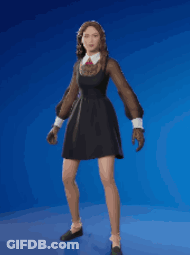 A Woman In A Black Dress Is Dancing With A Blue Background GIF